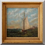 A18. Sea scape with sailboat signed ”B.C. 1899”. Oil on canvas. 10” x 14” - $325 